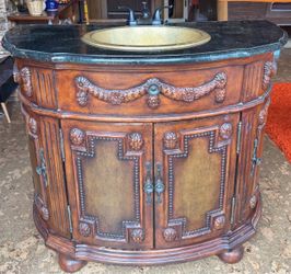 Ornate Wood Bathroom Vanity with Marble Top