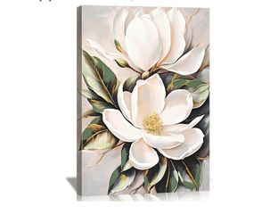 DRLWGTY White Flower Canvas Wall Art, Botanical Framed Wall Decor Aesthetic with Handmade Yellow Crystal Accents, Ready to Hang for Bedroom, Bathroom,