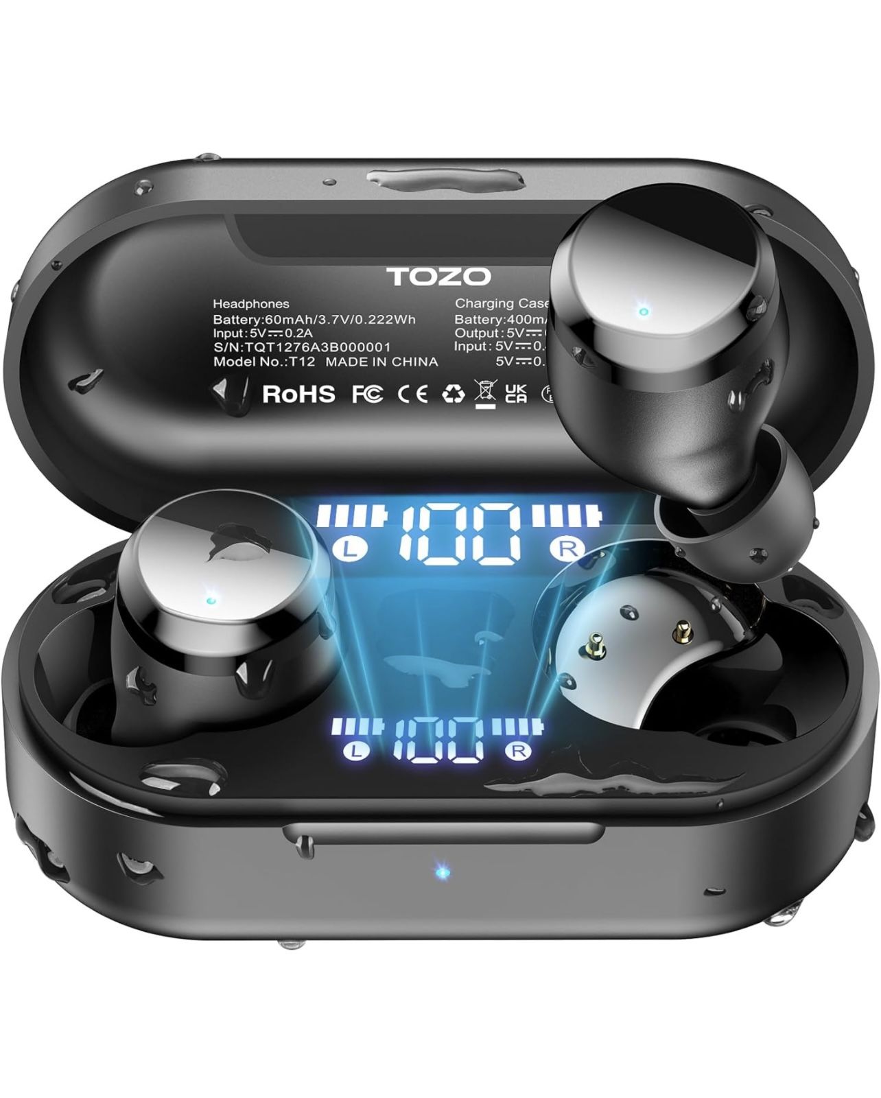 TOZO Tonal Dots Wireless Earbuds Bluetooth 5.3 Headphones Built-in ENC Noise Cancelling Mic, 55H Playtime LED Digital Display with Wireless Charging C