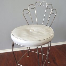 Vintage Vanity Stool Chrome with White Vinyl Cushion