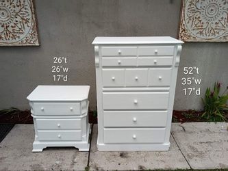 Tall Solid Wood Satin White Chest Dresser w/ Nightstand