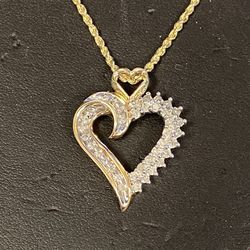 10 k Gold Rope Chain And Diamond Heart Pendant