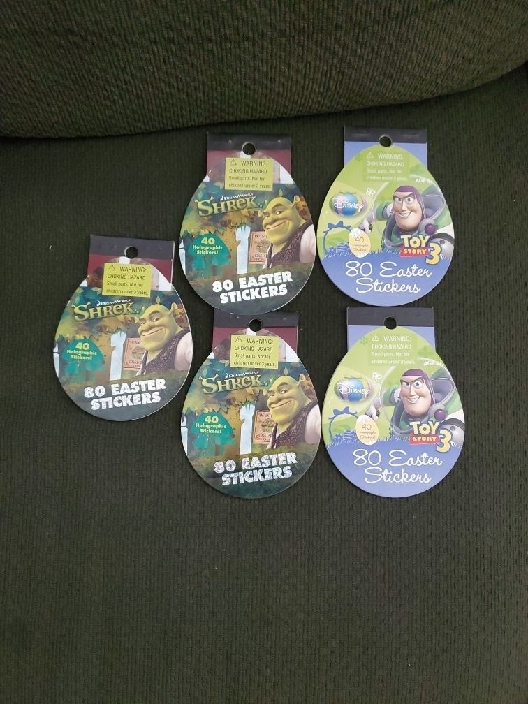 5 Packs/Booklets Of Brand New Easter Stickers Shrek, Toy Story