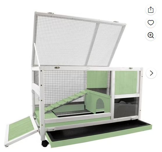 【RAB16-GREENWHITE】Rabbit Hutch - 36''L Indoor Rabbit Cage with Wheels Outdoor Bunny Hutch Guinea Pig Cages with Removable No Leakage Pull Out Tray, Ra