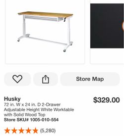 Husky 72 in. W x 24 in. D 2-Drawer Adjustable Height White Worktable with Solid Wood Top
