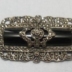 Antique/Vintage 925 Onyx and Marcasite Brooch