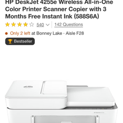 HP4255 All-In-One Desk,Jet Printer, with a full set of XL67 ink cartridges.