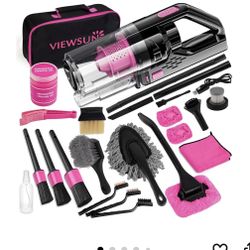 Viewsun Car Vacuum Cordless Rechargeable, 8000PA High Power Handheld Vacuum Cleaner with 17PCS Car Cleaning Kit, Pink Auto Accessories for Women Gift