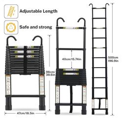 RIKADE Telescopic Ladder, 16.5FT Aluminum Telescoping Ladder with Stable Hook, Portable Extension Ladder, Black