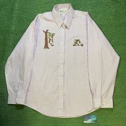 H&J embroidered cat embroidered white and purple button up