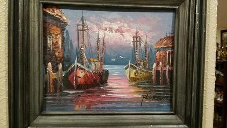 Beautiful Acrylic Signed Painting Framed - Canvas - Sail Boats and Sea. Detailed Painting - Full of color. About 18 inches x 14 inches.