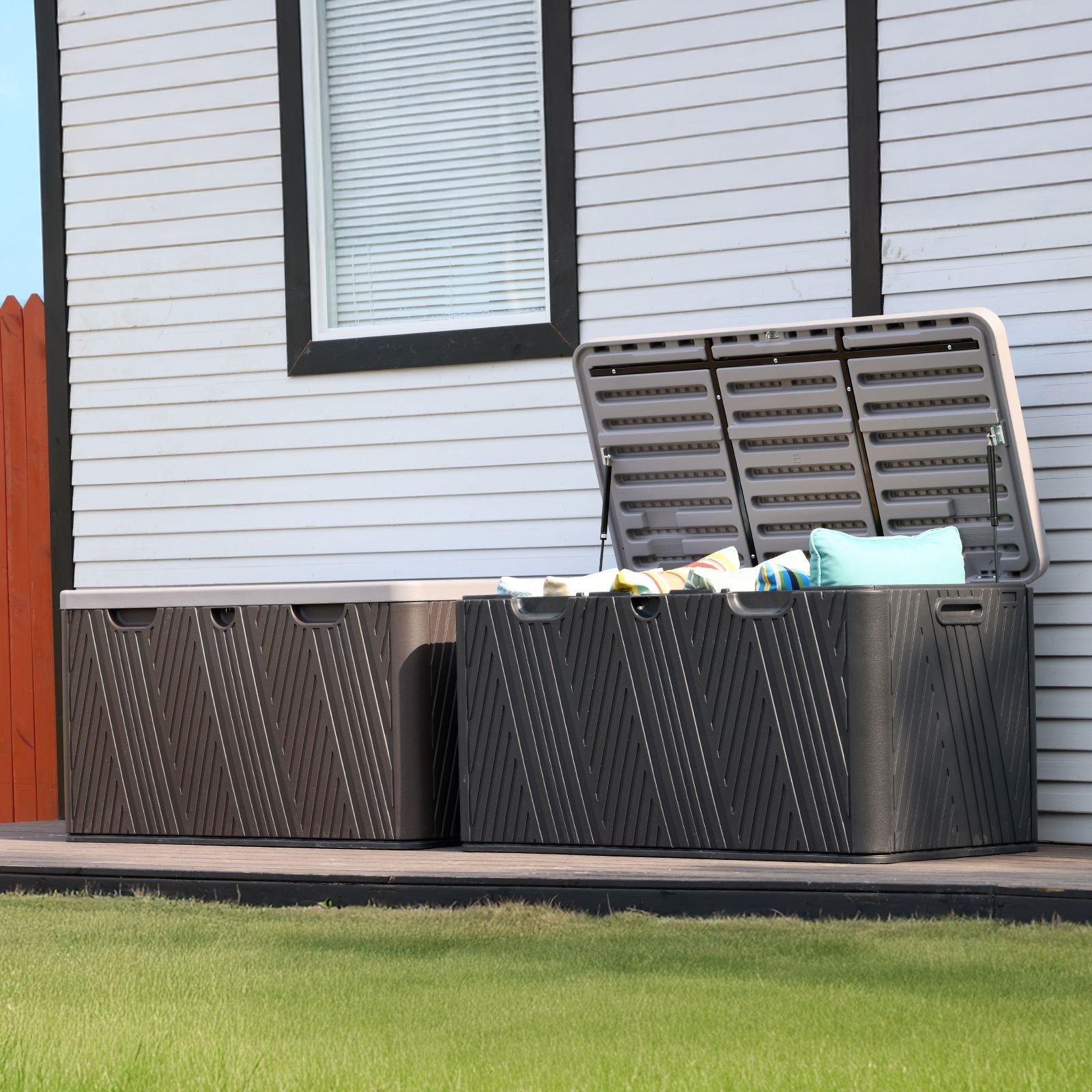 85 Gallon Deck Box, Outdoor Storage Box Lockable UV Resistant Container with Hydraulic Bars