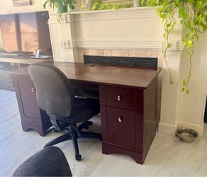 Dark Wood Executive Desk with Keyboard Tray, Built in shelves & file cabinet drawer