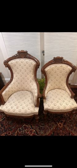 “HALF OFF THIS WEEK” Pair of Antique Victorian Parlor Chairs – Carved Walnut