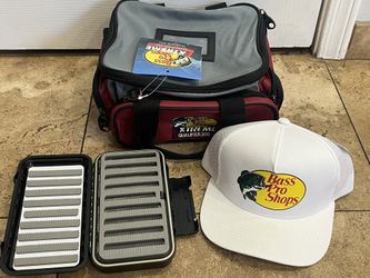 NEW! Bass Pro Fly Fishing Box Tackle Bag Hat Bundle