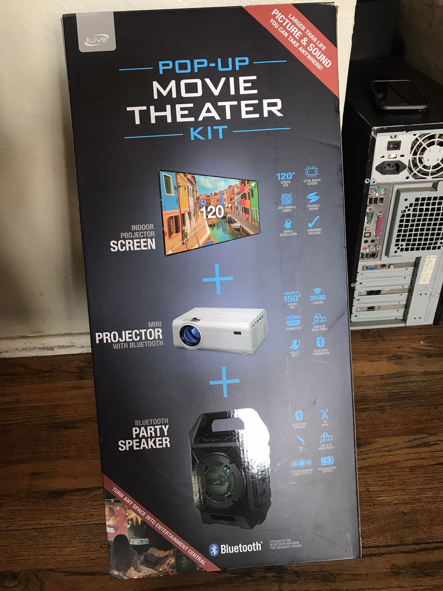 BRAND NEW MOVIE THEATER KIT U GET SCREEN, PROJECTOR AND PARTY SPEAKER