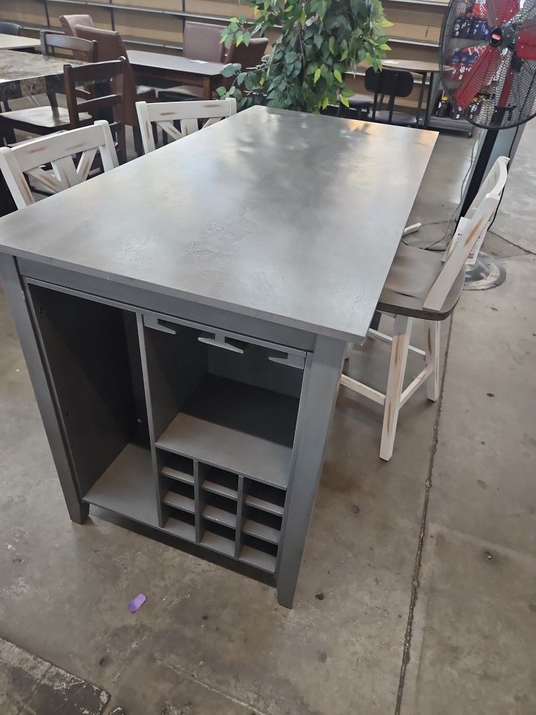 ,Farmhouse Dining Room Table with 3-Tier Storage Shelves & Wine Rack,Modern Wood Kitchen Table with 3 swivel bar stools. With backrest