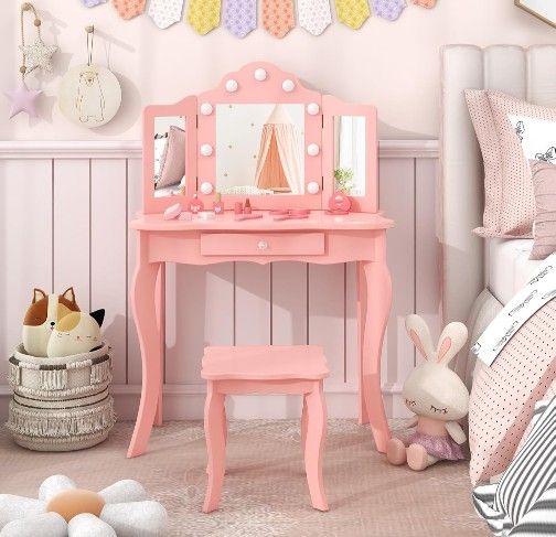 KOTEK Kids Vanity, 2 in 1 Toddler Vanity Set with Mirror, Lights, Drawer