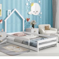 Dolonm Twin Size Montessori Toddler Floor Bed Frame, Modern House-Shaped Frame Headboard Bed