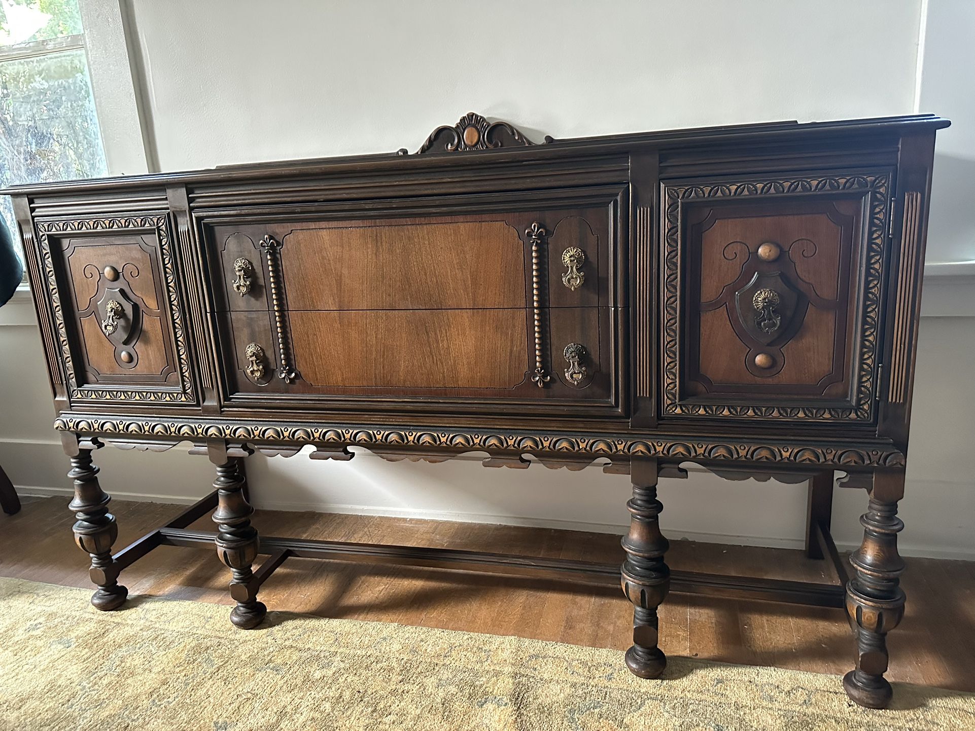 Gorgeous Antique English Jacobean Revival Carved Buffet Server Sideboard Credenza