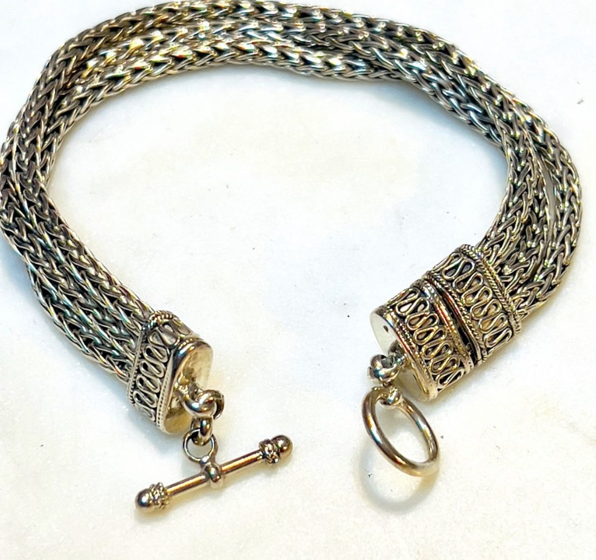 Vintage Bali 925 Sterling Silver Triple Wheat Snake Strand Toggle