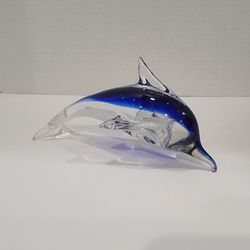 Hand Blown Art Glass Dolphin Figurine Sculpture Statue Cobalt Blue 6.5"
