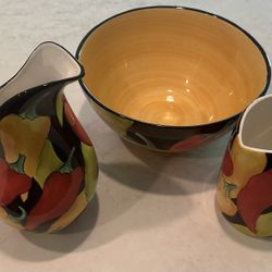 3 Piece Set of Clay Art Caliente Hand Painted Salad Bowl Pitcher & Vase