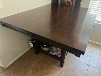 Large Solid/Heavy Counter-Height Dining Table – 12” Attached Leaf & Storage Shelves