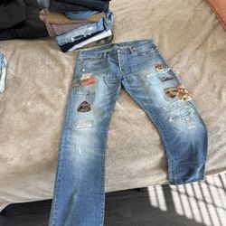 Men Polo Ralph Lauren “Varick Slim Straight” Patchwork / Distressed Jeans 34x34