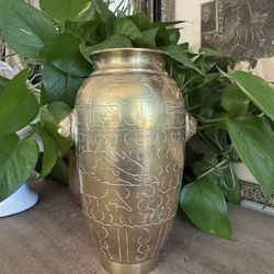 Vintage Solid Brass Chinese Etch Carve Vase Urn 8” Floral Bird Dragon Geometric Gold Pattern Heavy 