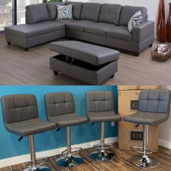 Brand New Gray Secrional Couch Sofa With Ottoman And 4 Gray Bar Stools 