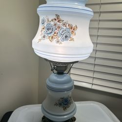 Vintage Lamp Powder Blue & White Floral Design  Hurricane Parlor Table Lamp