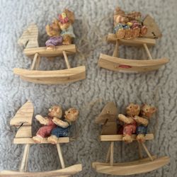 Set of 4 vintage wooden teddy bear rocking horses collectibles