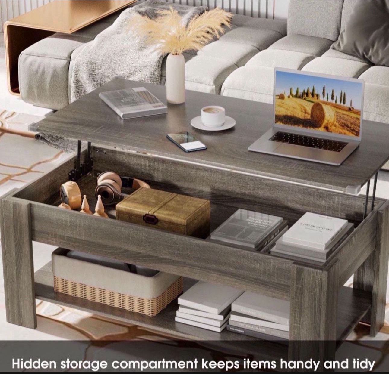 Modern Lift Top Rectangular Wood Coffee Table with Hidden Compartment & Storage, Gray48x24x19”)