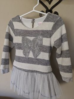 Gray & Off-White Striped Tutu Long Sleeve Fuzzy Sweater Top/Dress | Rhinestone Sparkle Bow | Tie Back | Toddler Girl 3T