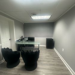 Glass L-shaped office table and chair