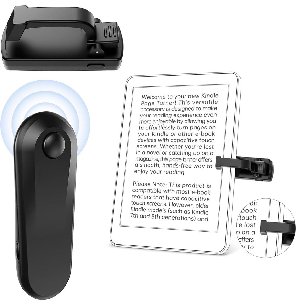 Remote Control Page Turner for Kindle Paperwhite, First with No Text Blocking & No Margin Adjustment, Silent Clicker Page Turner, Kindle Accessories f