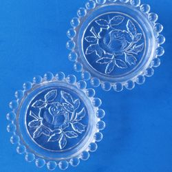 2 Glass Coasters Rose Motif Bubble Rim 