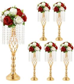 6 pcs 21.65 Inch Wedding Gold Flower Centerpieces Crystal Metal Flower Vase Wedding Centerpieces for Tables Decorations