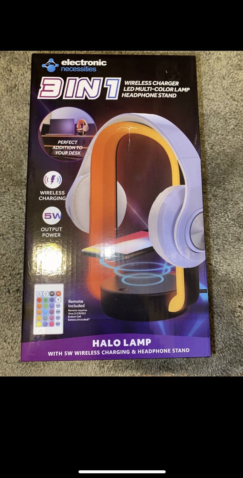 3-in-1 color-changing LED halo lamp with wireless charger & headphones stand