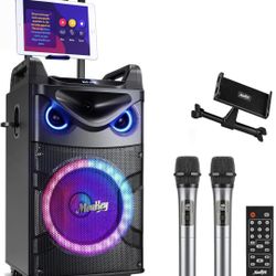 Moukey Karaoke Machine, 10" Woofer Portable PA System, Bluetooth Speaker with 2 Wireless Microphones, Lyrics Display Tablet Holder, Party Lights & Ech