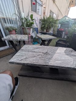 Marble Top Tables with Wood Base Set