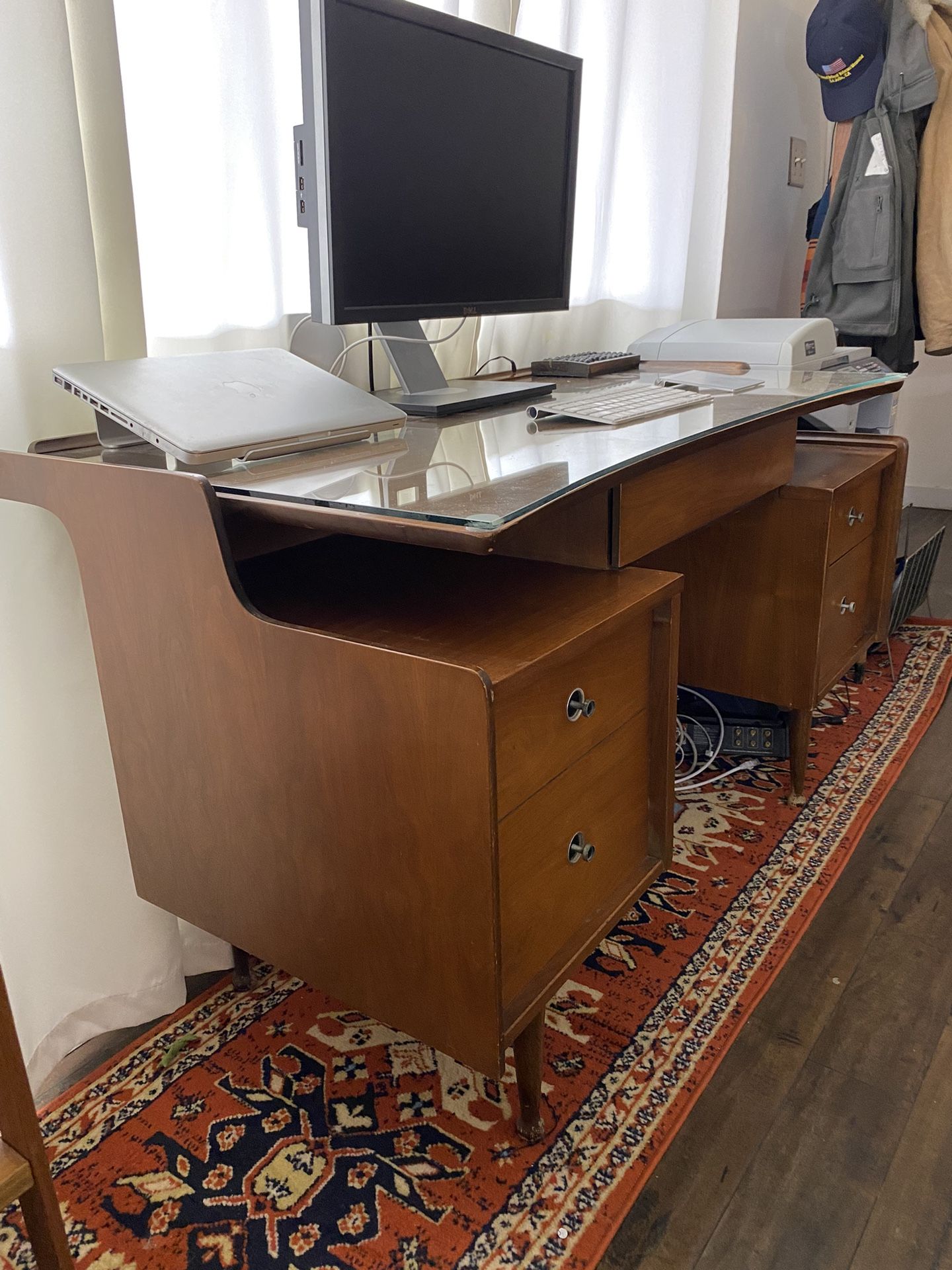 Mid Century Modern Vintage Antique Solid Teak Desk Glass Protective Top