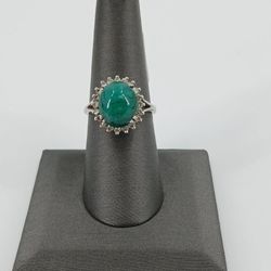 Beautiful 14K White Gold , Green Stone & Diamond Ring 💍 20 Diamonds .20CTW  - 4.1g Size 7 (#23910)