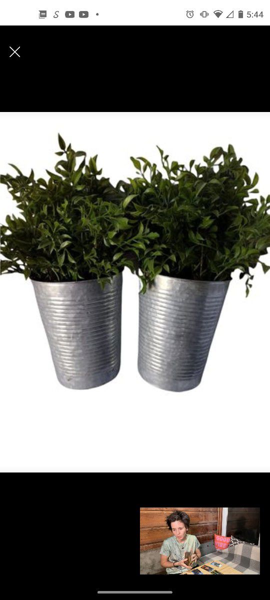2 Wall Silver Flower Pots with fake Plants 12" Farmhouse Decor
