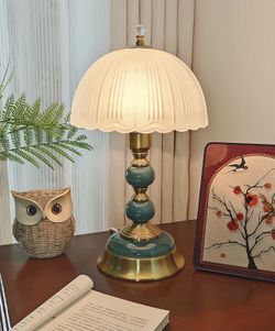 Vintage Ceramic Table Lamp with Frosted Glass Shade –Includes a Free 3-Color Changing LED Bulb-$50
