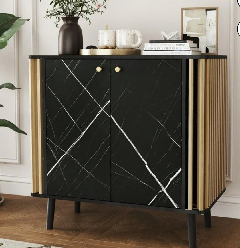 2-Door Cabinet with Adjustable Shelves for Kitchen or Living Room, Black