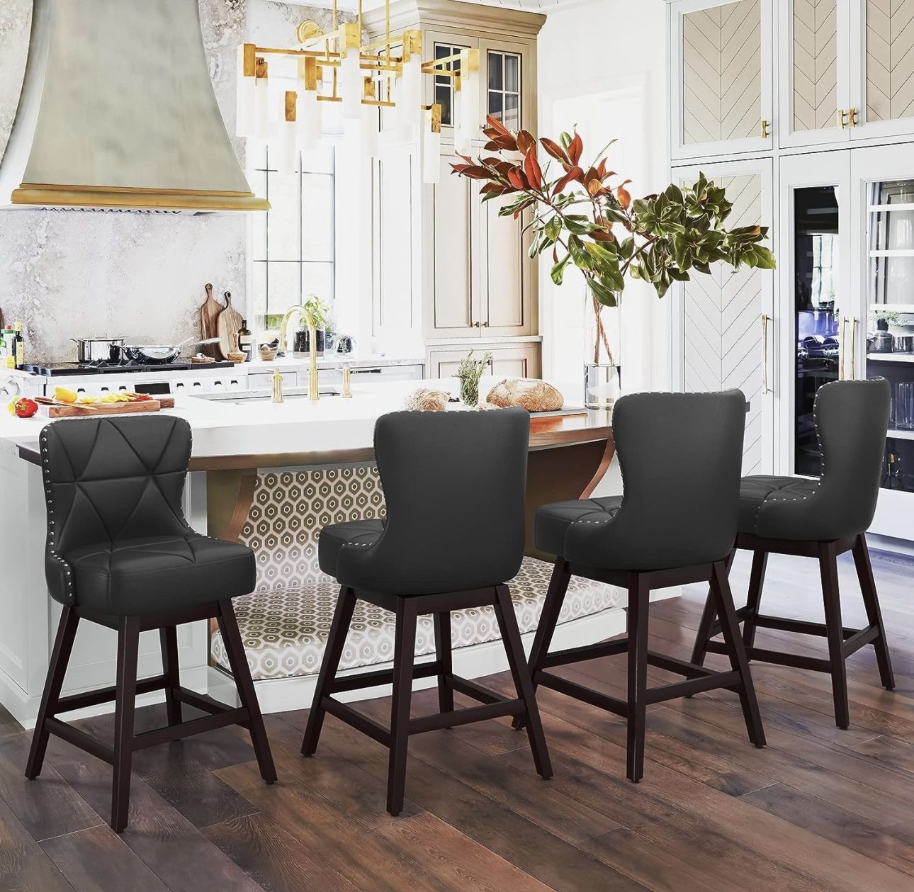 26" H Black Swivel Bar Stool with Back, Faux Leather Counter Stool