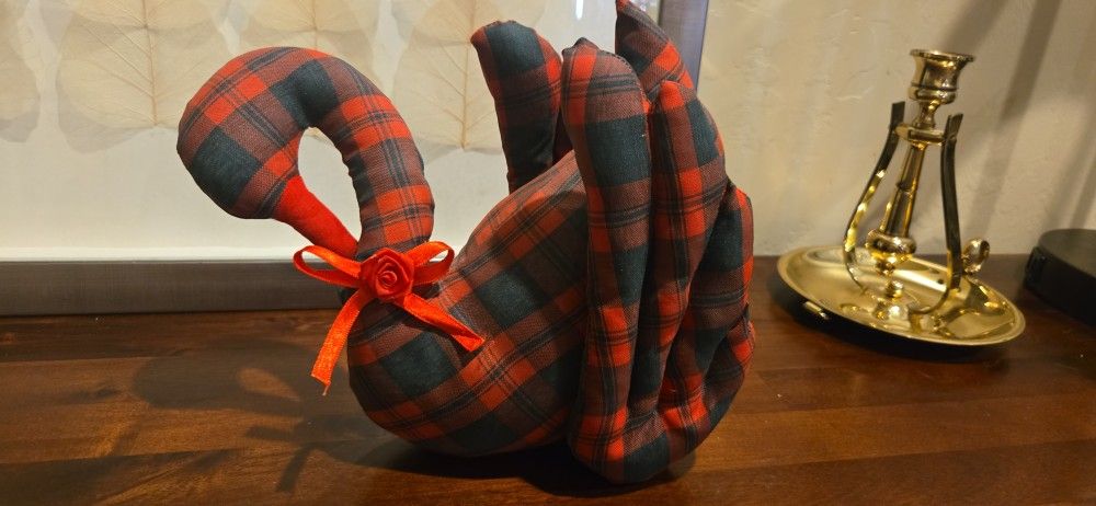Vintage Handmade Plaid Fabric Swan – 8" Tall Cottagecore Décor