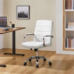 Mid-Back PU Leather Adjustable Office Chair with Arms, White